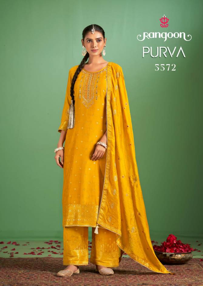 Purva By Rangoon Muslin Jacquard Embroidery Kurti With Bottom Dupatta Wholesalers In Delhi